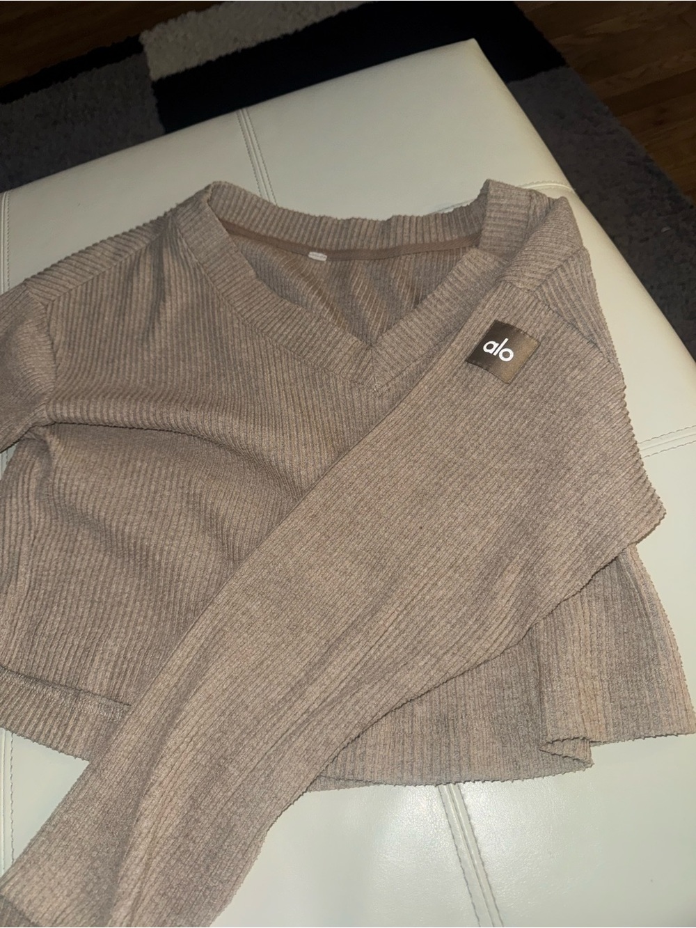 ALO Yoga Ribbed V-Neck Sweater in Taupe